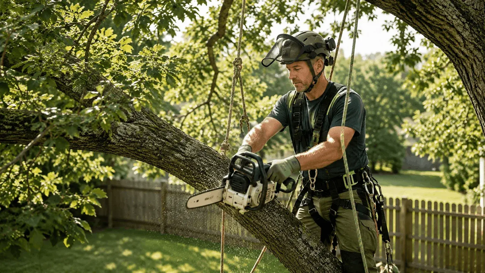 Professional arborist performing precision rigging on an oak tree