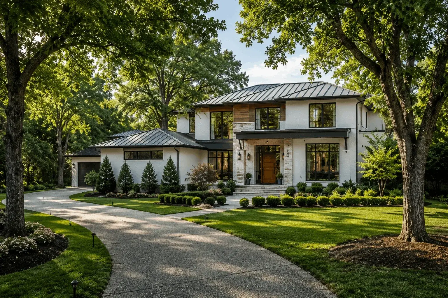 A wide-angle, hyper-realistic architectural photography shot of a pristine suburban estate surrounded by massive, perfectly manicured oak trees. The morning light cuts through the canopy, creating a crisp, high-contrast light-mode aesthetic with bright whites and deep greens. Minimalist composition, professional arborist context.